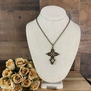 Vintage NY Bronze Beaded Cross Necklace